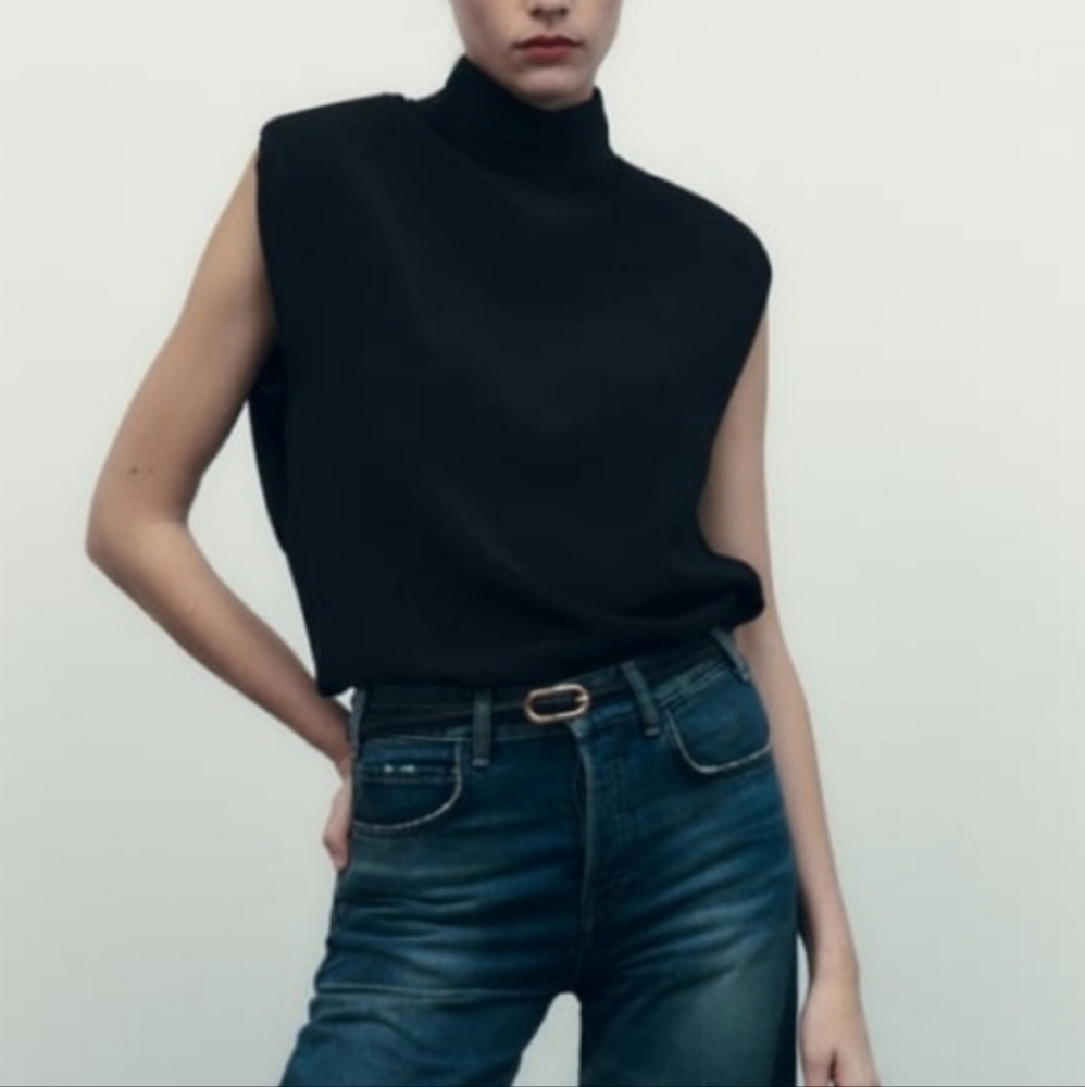 Zara Black Sleeveless Shoulder Pad Turtleneck Top